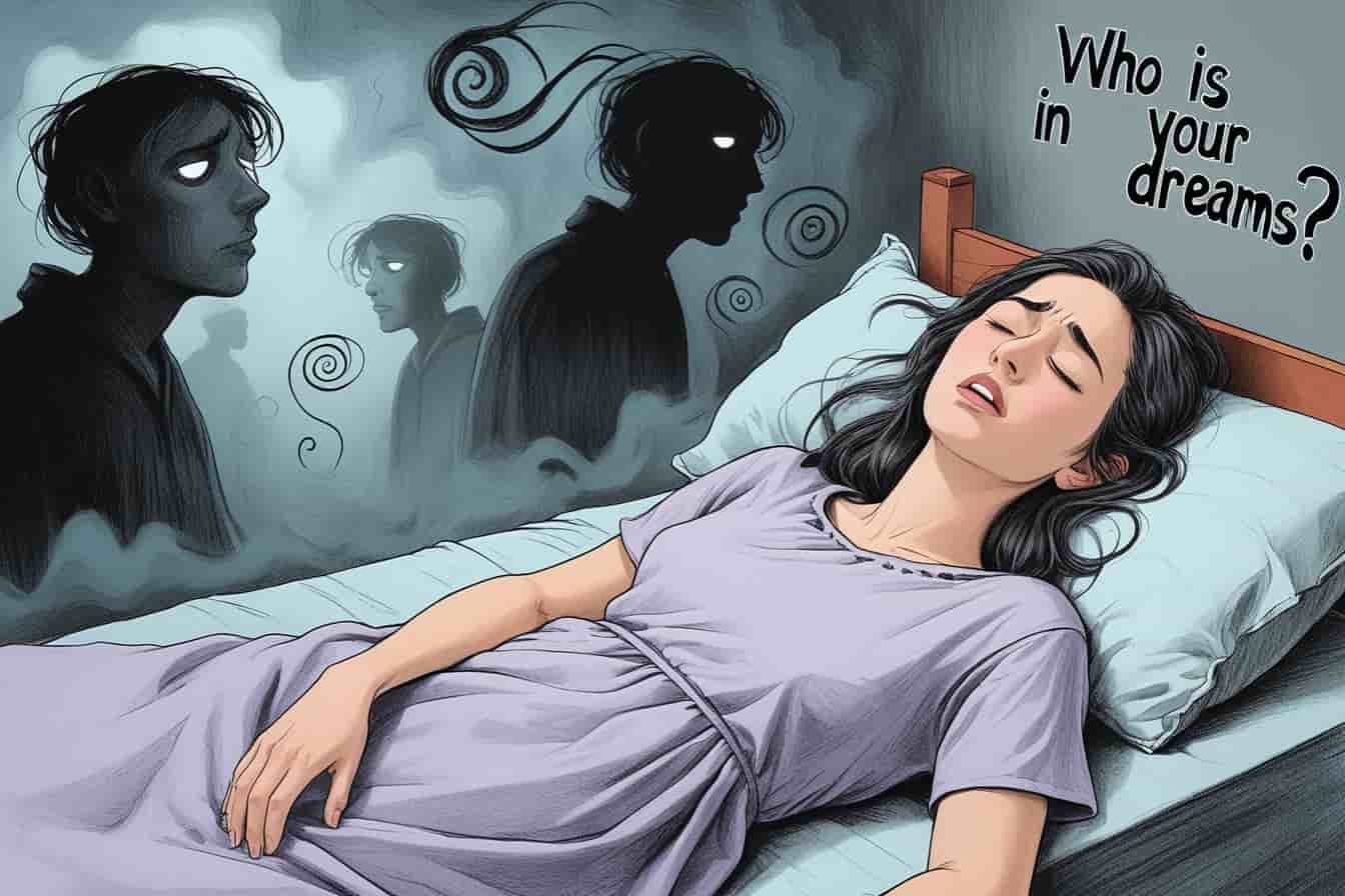“2D pencil-colored illustration of a woman dreaming about a mysterious figure with glowing eyes, symbolizing hidden subconscious messages.