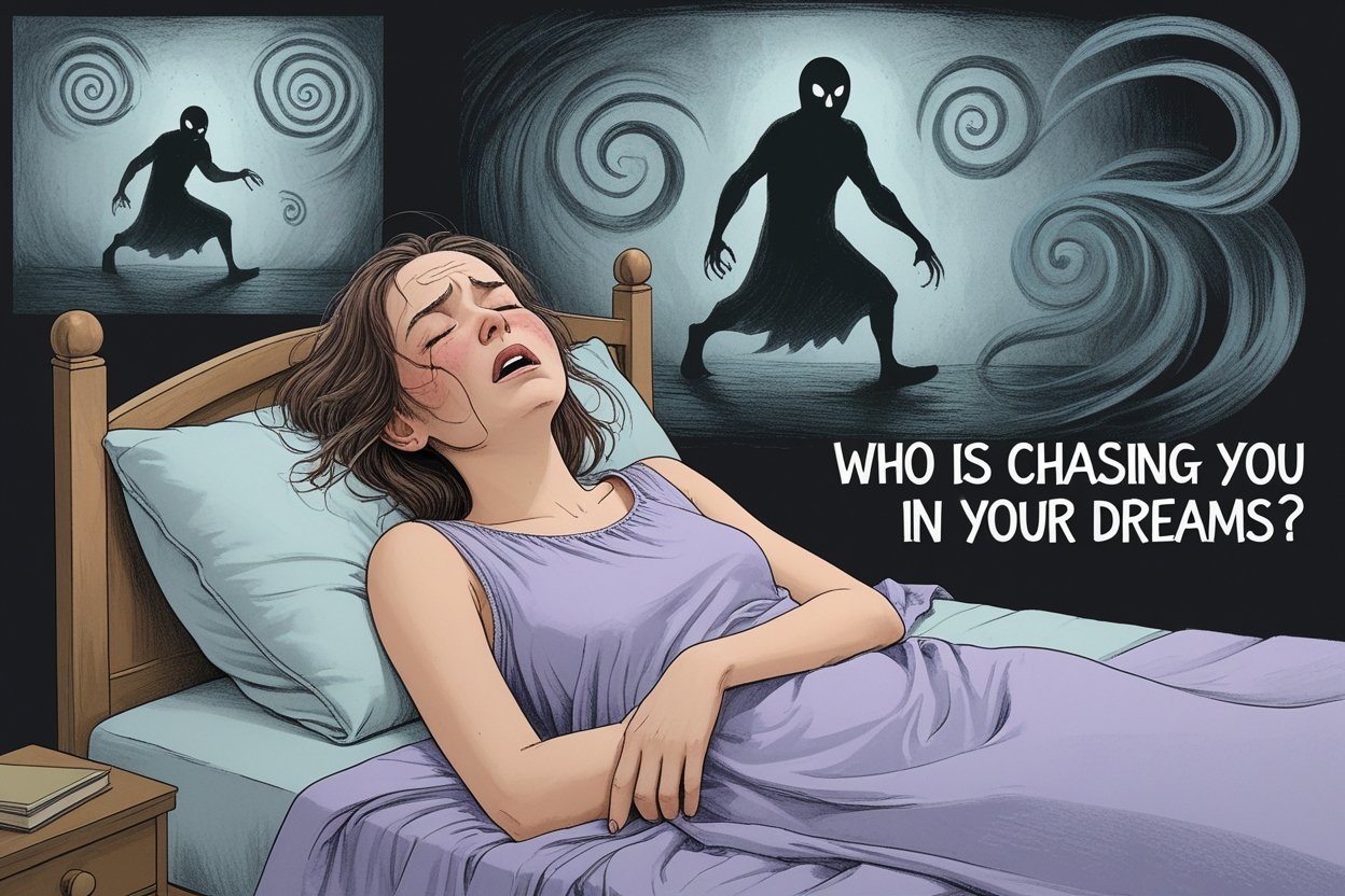 Illustration of a person running from a shadowy figure, symbolizing a chase dream and its interpretation