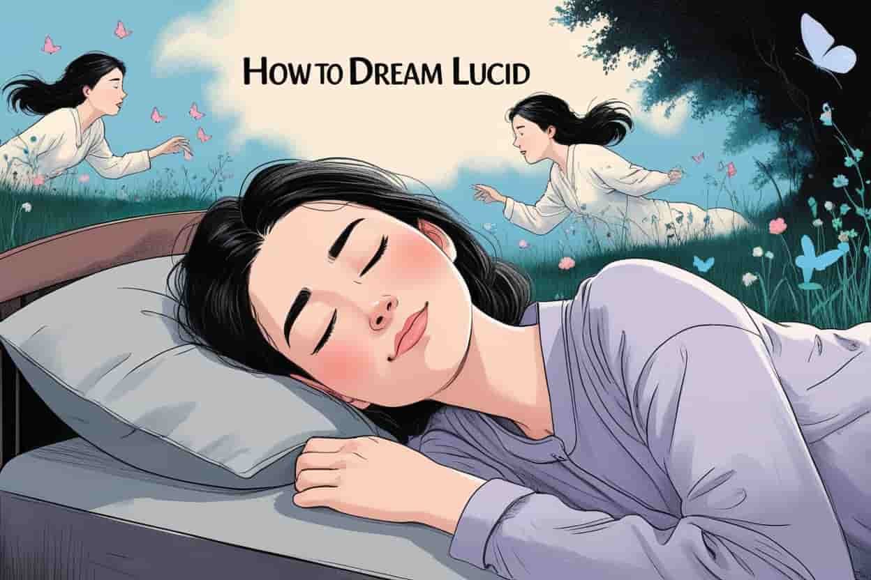Sleeping girl lucid dreaming .