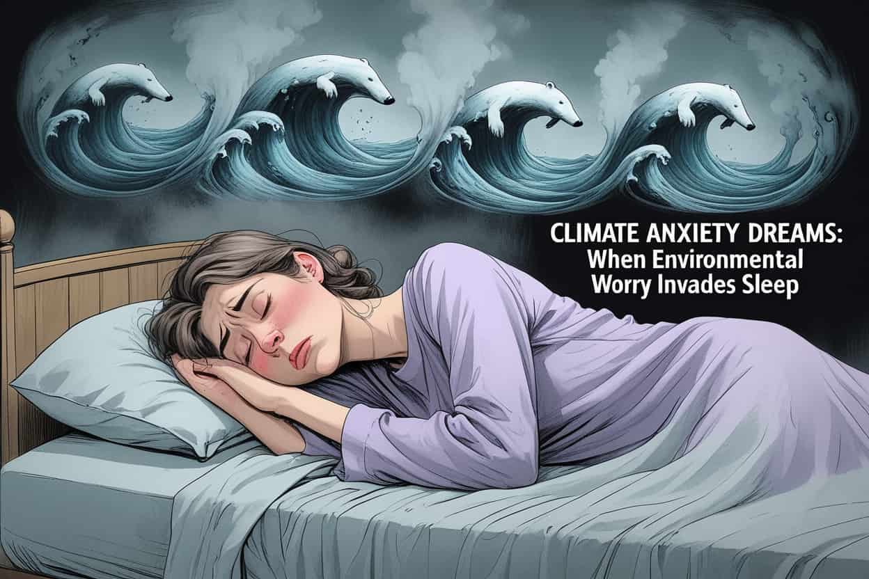 Split image showing person sleeping peacefully surrounded by green nature symbols versus person having anxious dreams with climate disaster imagery like floods and wildfires swirling overhead